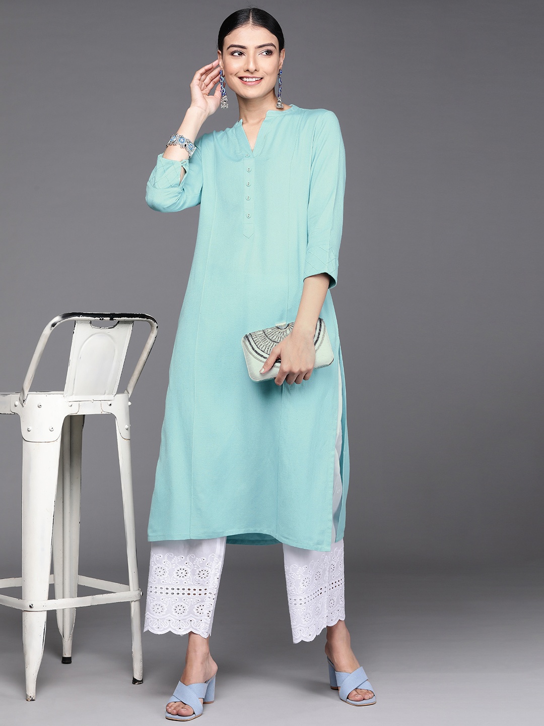 

Libas Women Blue Solid Mandarin Collar Cuffed Sleeves Aqua Pure Cotton Straight Kurta