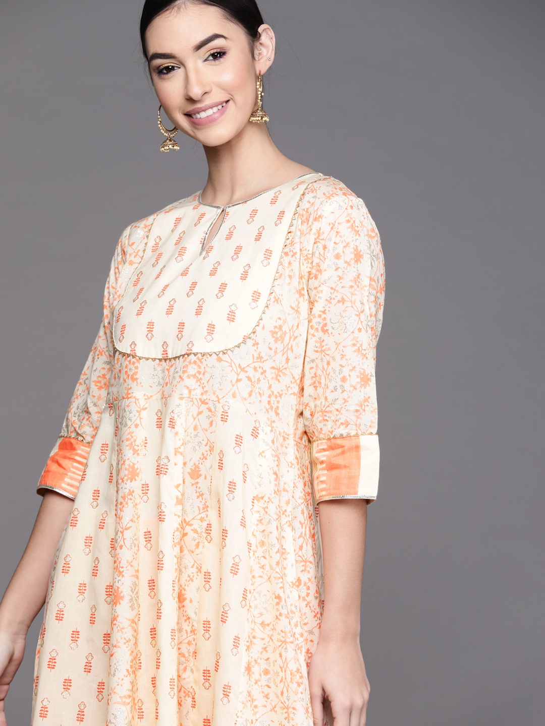 

Libas Women Orange Ethnic Motifs Print Keyhole Neck Gotta Patti Pure Cotton Anarkali Kurta