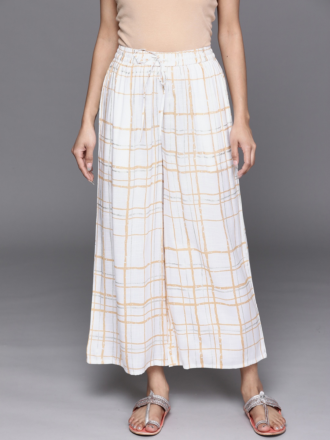 

Libas Women Cream-Coloured Checked Cotton Palazzos