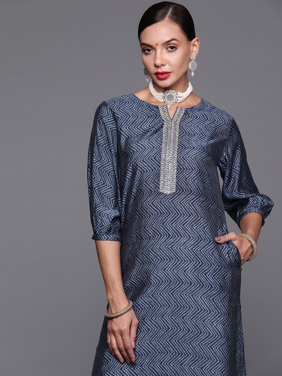 

Libas Women Blue Chevron Printed Indigo Chanderi Silk Kurta
