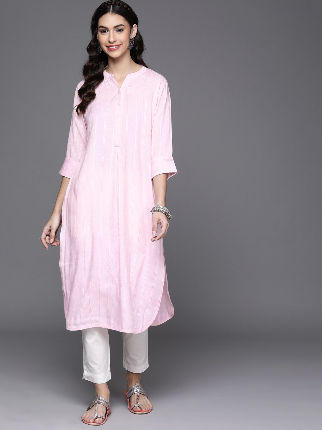 

Libas Women Pink Self Design Pathani Kurta
