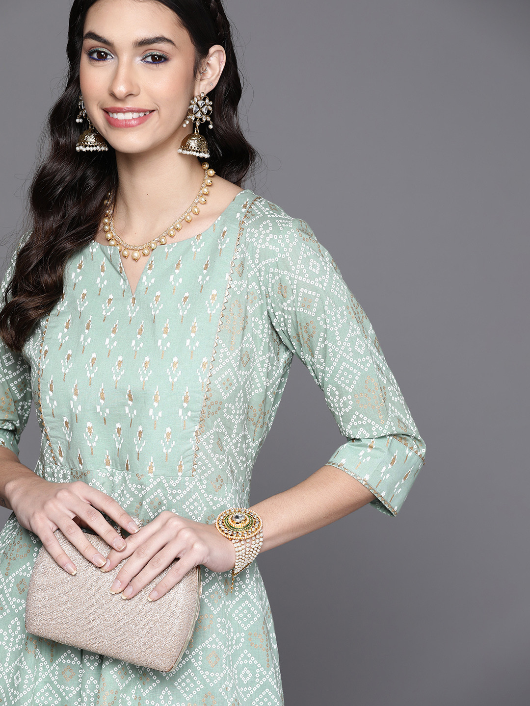 

Libas Women Green Bandhani Printed Gotta Patti Pastels Kurta