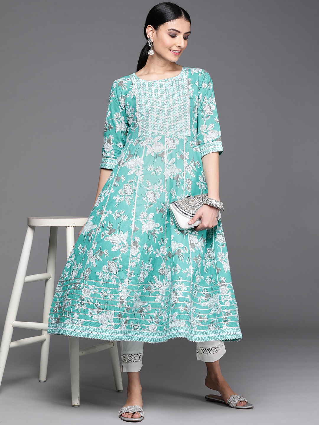 

Libas Women Turquoise Blue Floral Yoke Design Gotta Patti Cotton Kurta
