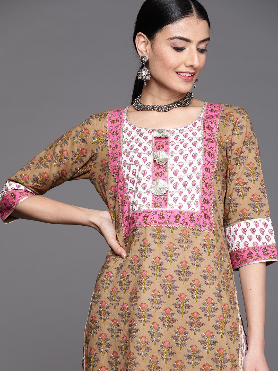 

Libas Women Olive Green Floral Yoke Design Gotta Patti Floral Kurta