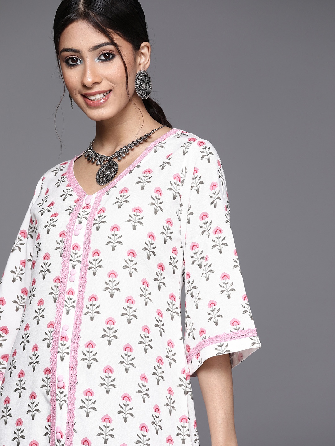 

Libas Women White Floral Printed Cotton Kurta