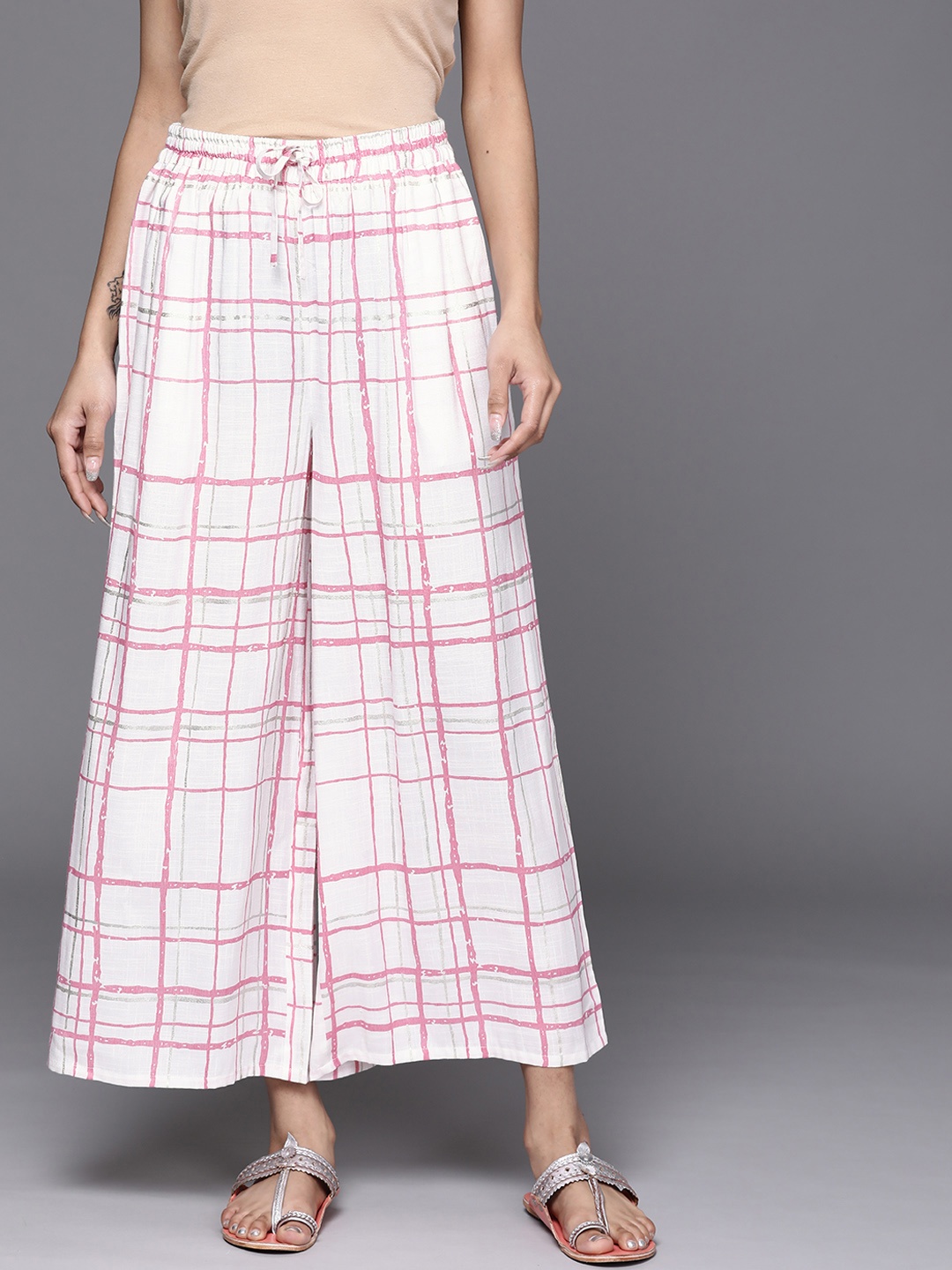 

Libas Women Cream-Coloured & Pink Checked Flared Ethnic Cotton Palazzos