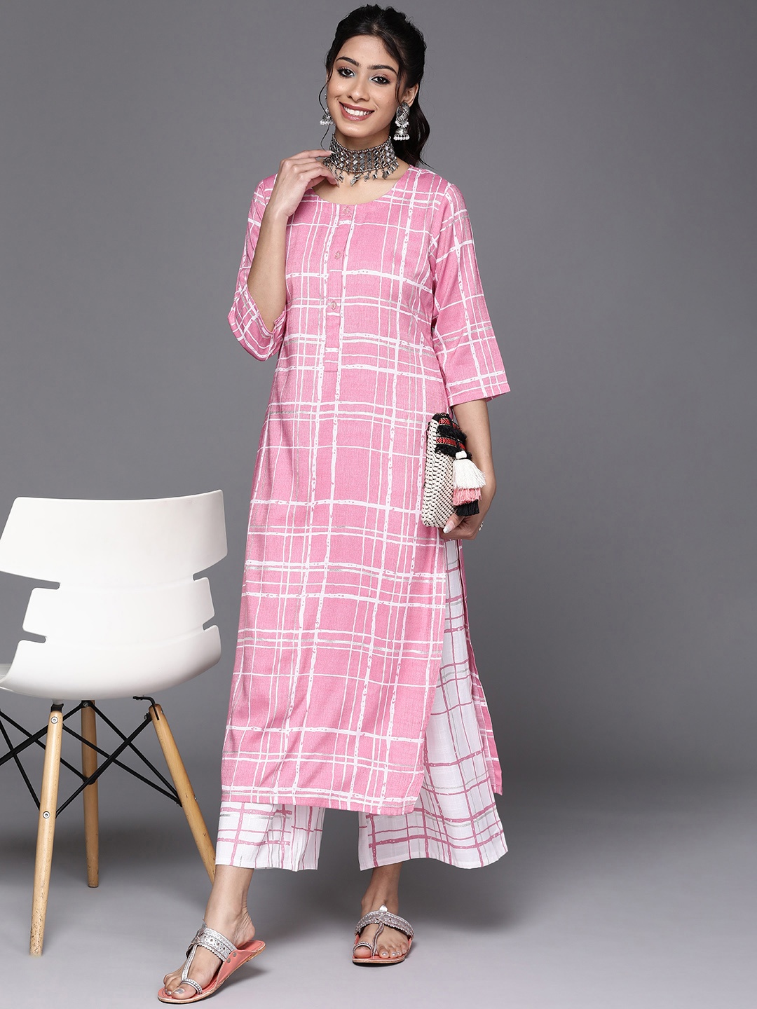 

Libas Women Pink Checked Kurta