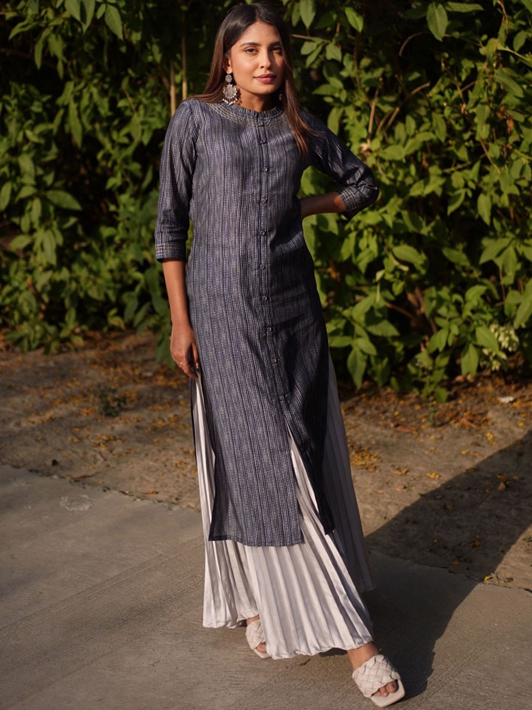 

Libas Women Navy Blue Striped Gotta Patti Chanderi Silk Straight Kurta with Polka Dots