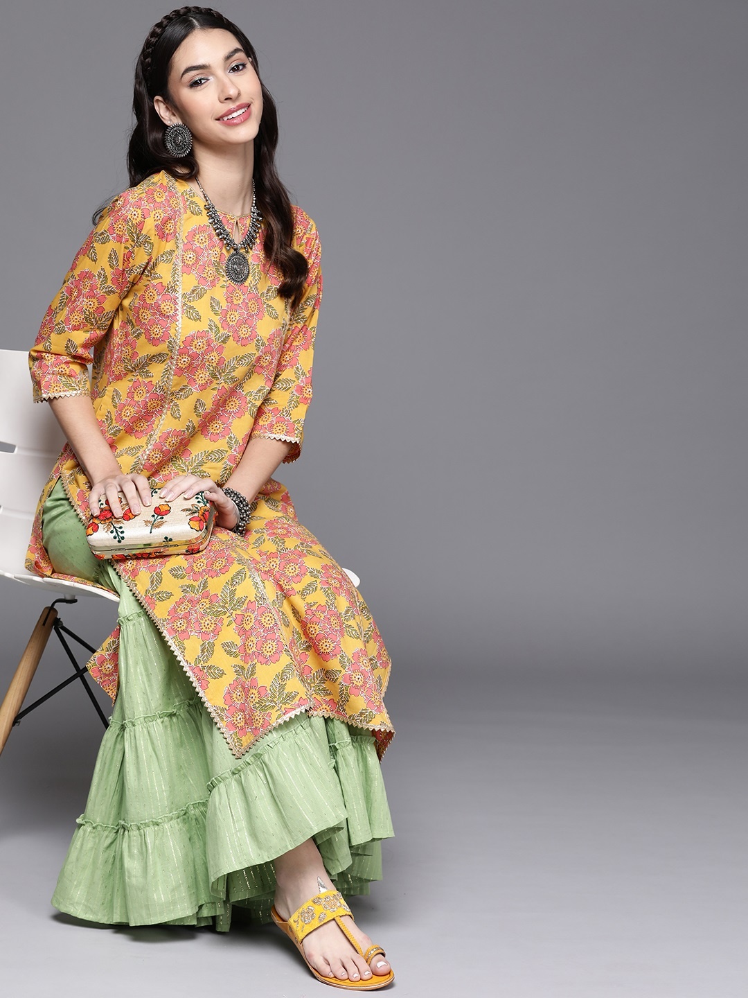 

Libas Women Yellow Floral Printed Keyhole Neck Gotta Patti Cotton Kurta