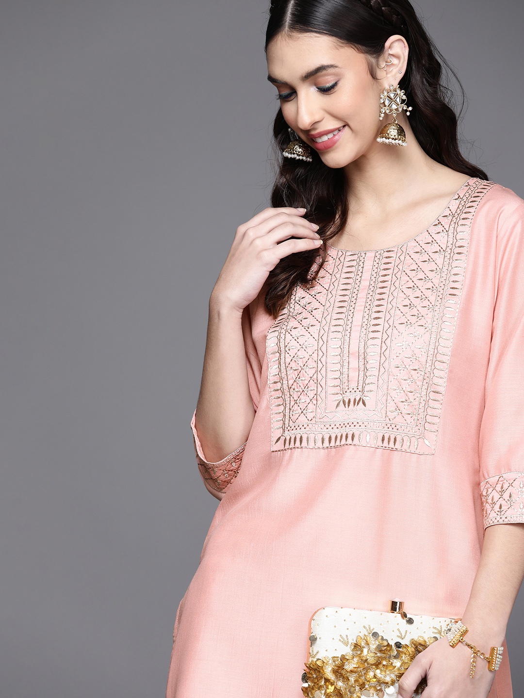 

Libas Women Peach-Coloured Embroidered Yoke Design Chanderi Silk Kurta