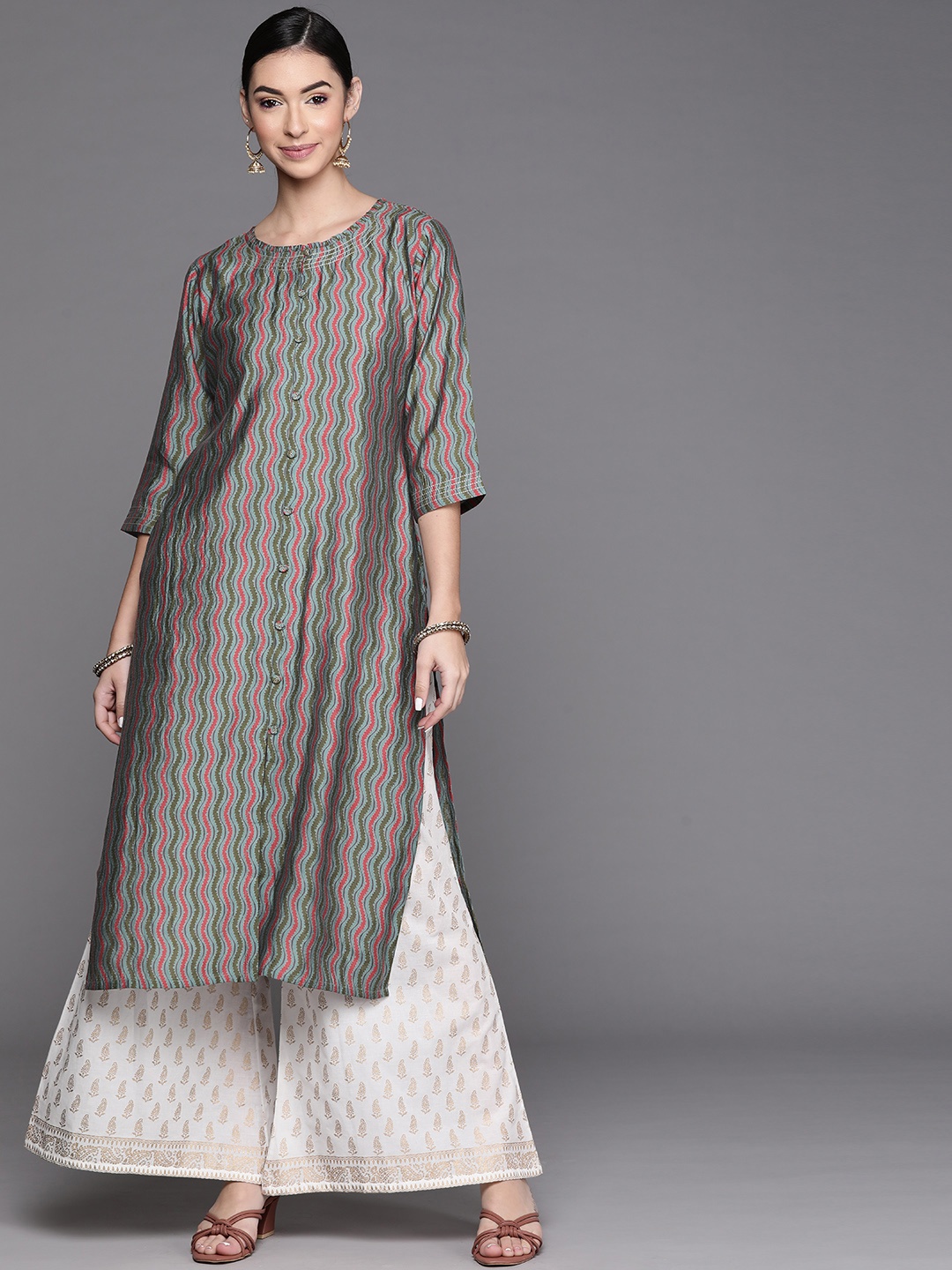 

Libas Women Blue & Olive Green Chevron Print Gotta Patti Chanderi Silk Straight Kurta
