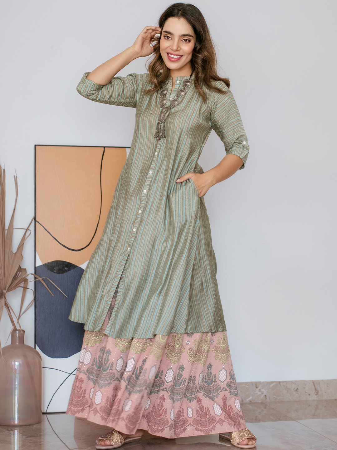 

Libas Women Multicoloured Striped Chanderi Silk Kurta, Multi