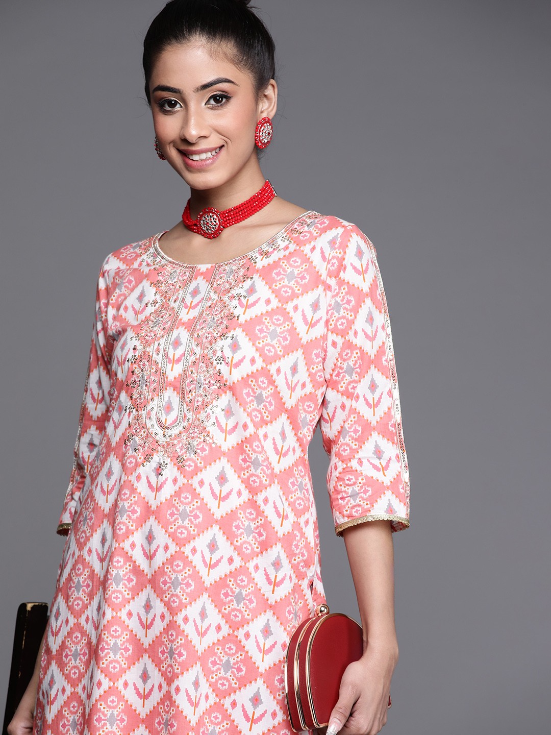 

Libas Women Pink & White Ethnic Motifs Printed Cotton Kurta