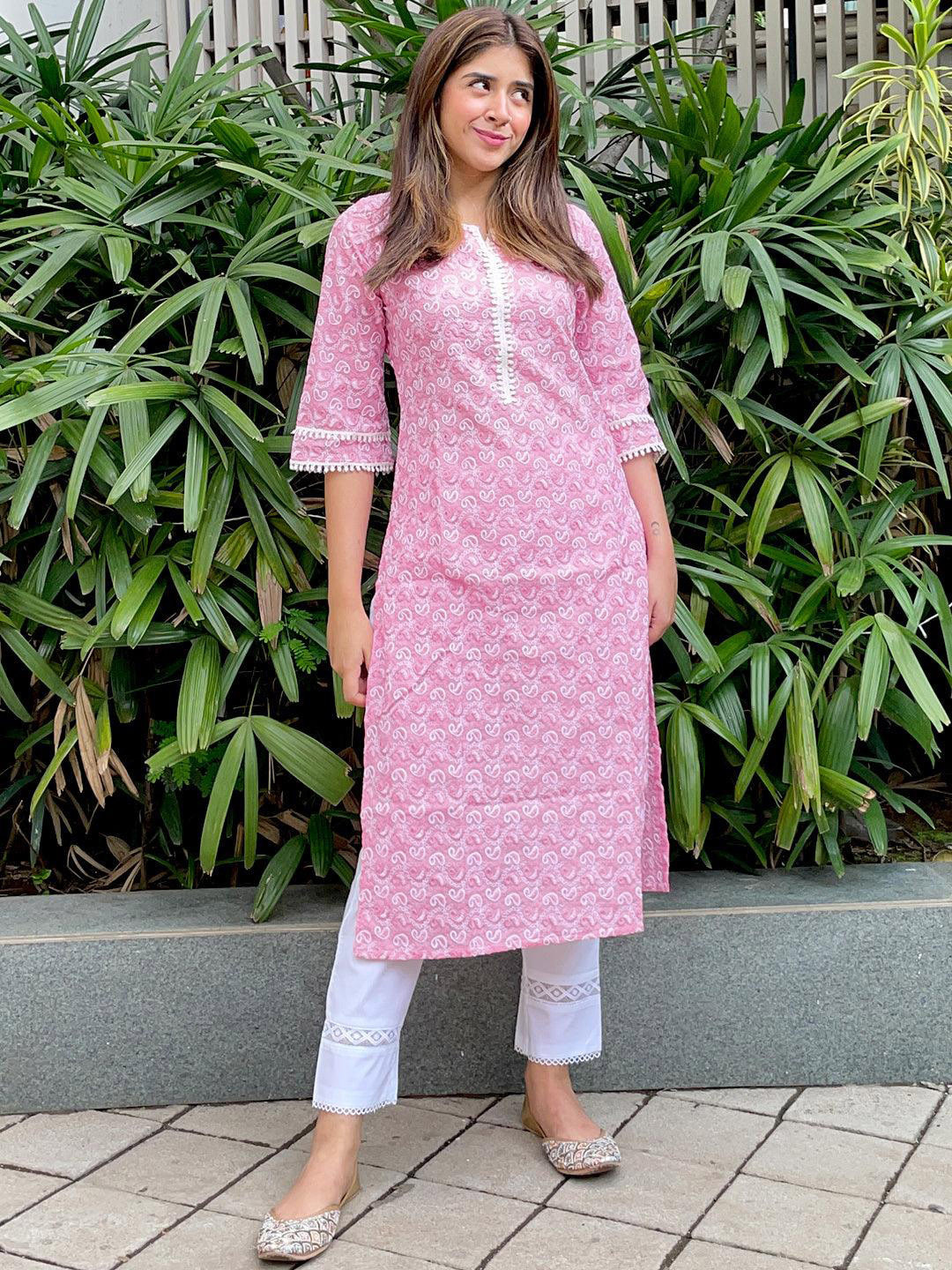 

Libas Women Pink Paisley Embroidered Flared Sleeves Chikankari Kurta