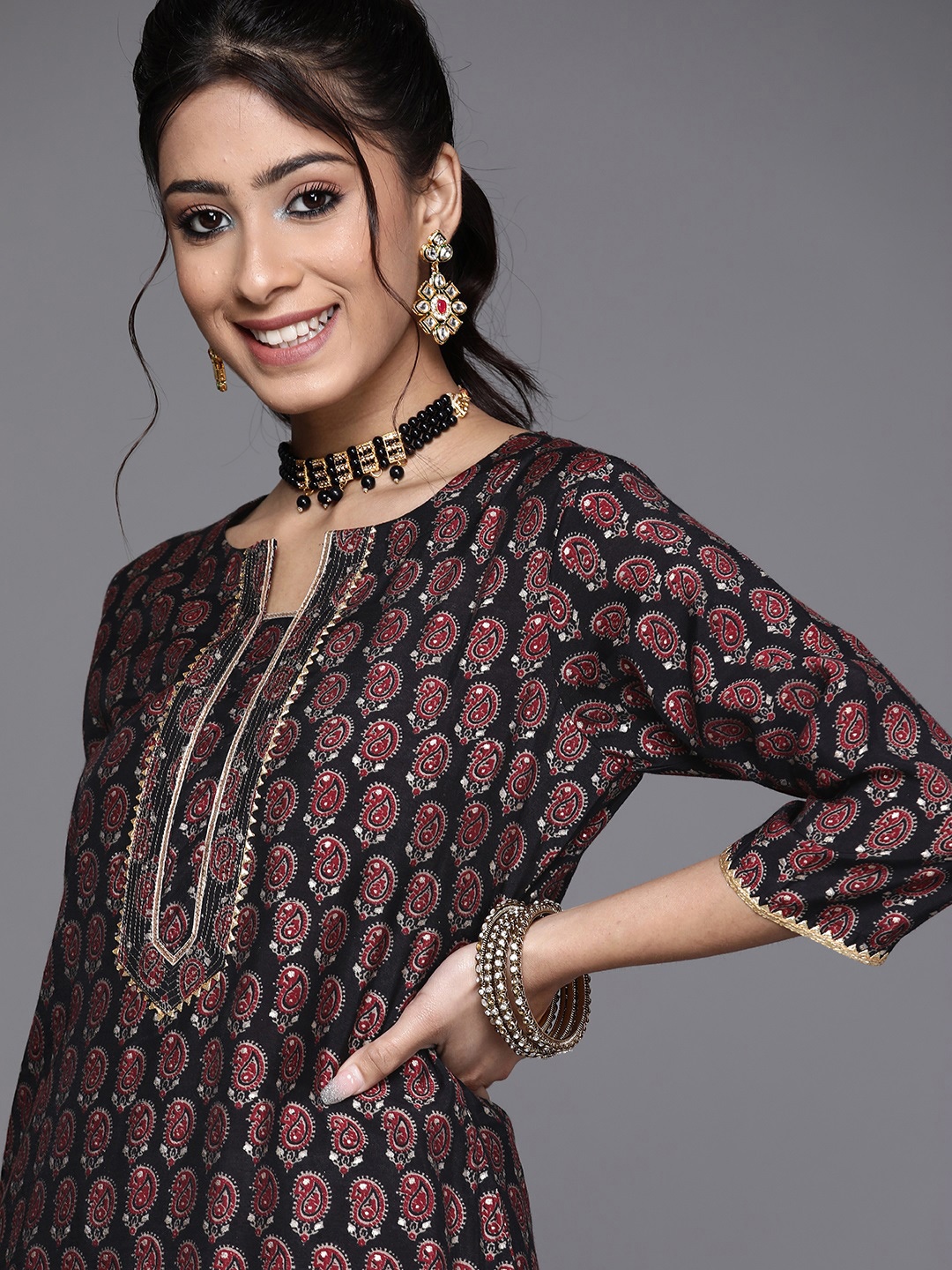 

Libas Women Black Paisley Printed Gotta Patti Chanderi Silk Straight Kurta