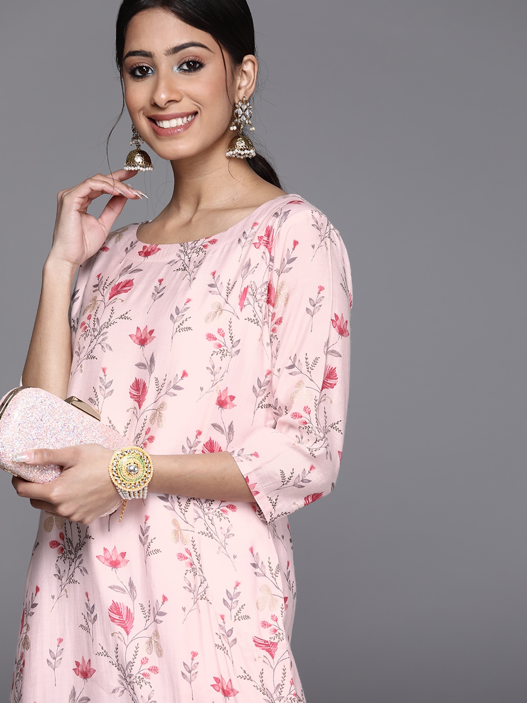 

Libas Women Pink Floral Printed Chanderi Silk Back Slit Kurta