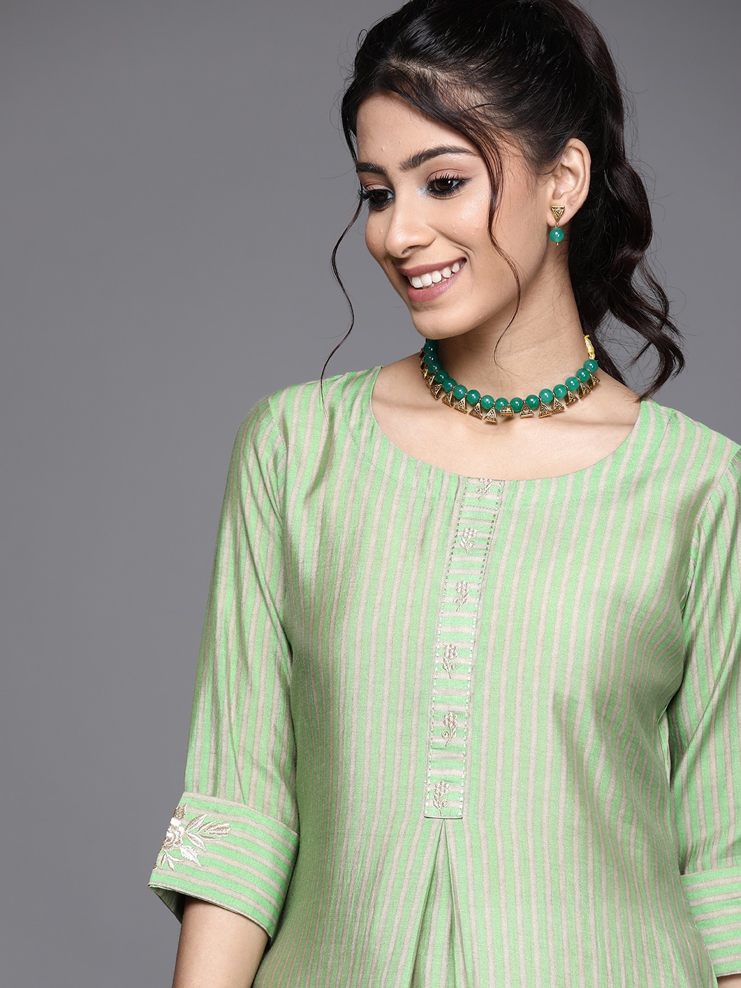 

Libas Women Green Striped Chanderi Silk Chanderi Silk Kurta