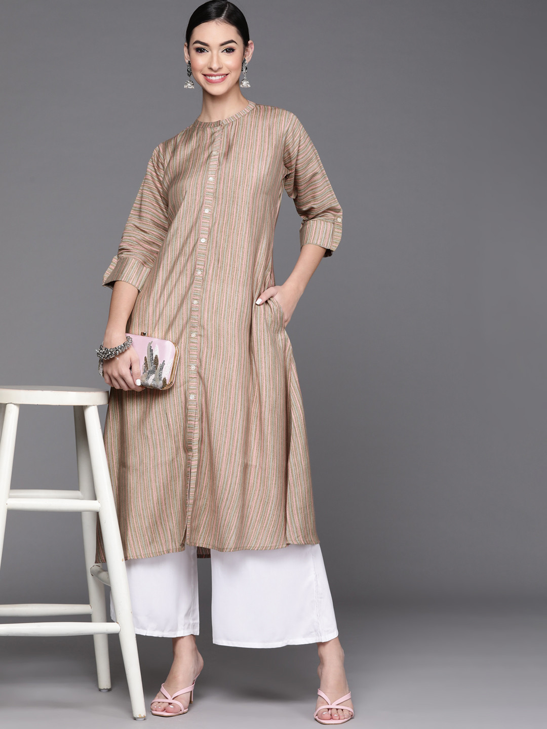 

Libas Women Multicoloured Striped Chanderi Silk Kurta, Multi