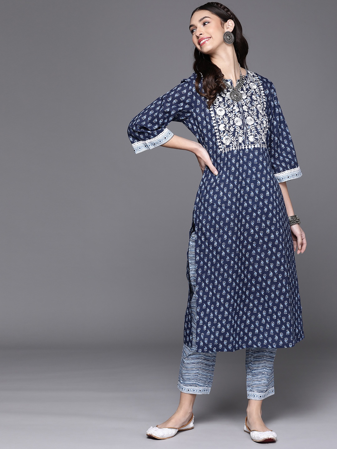 

Libas Women Navy Blue Paisley Printed Gotta Patti Embroidered Indigo Cotton Kurta