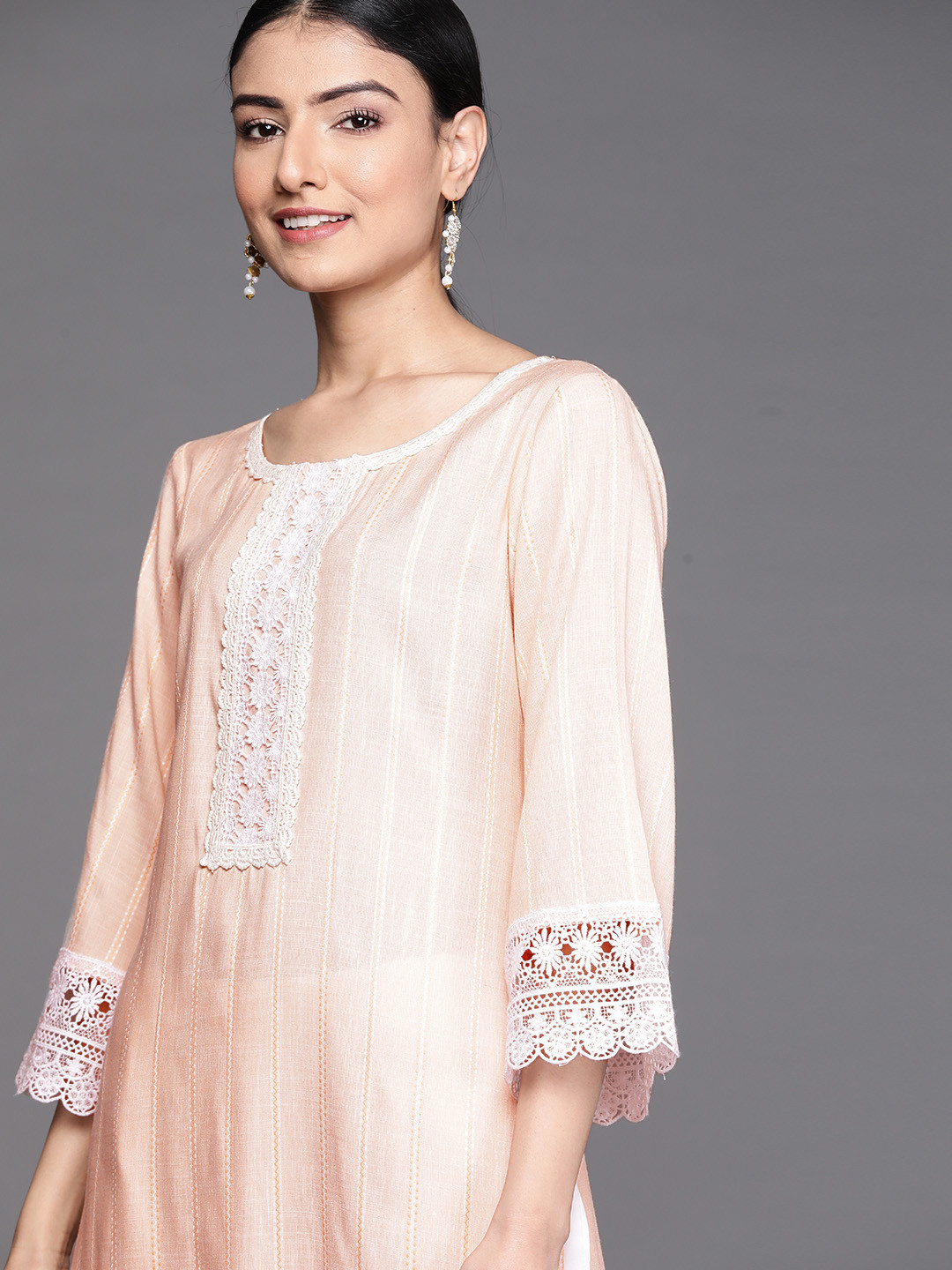 

Libas Women Peach Orange Wove Design Flared Sleeves Viscose Rayon Straight Kurta with Lace