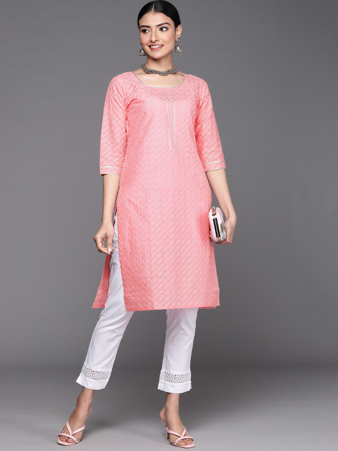 

Libas Women Pink Ethnic Motifs Embroidered Gotta Patti Kurta