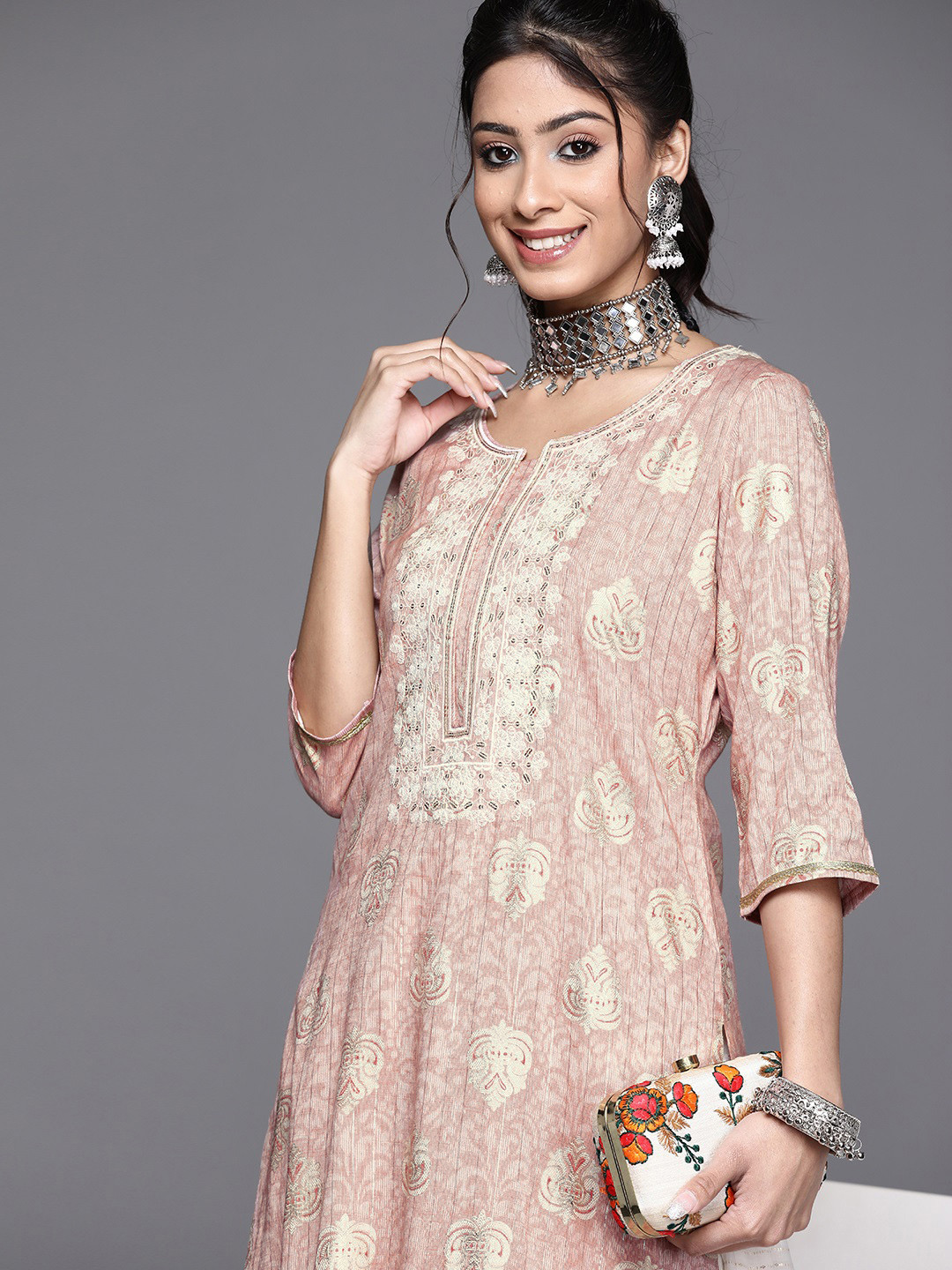 

Libas Women Pink Ethnic Motifs Yoke Design Gotta Patti Kurta