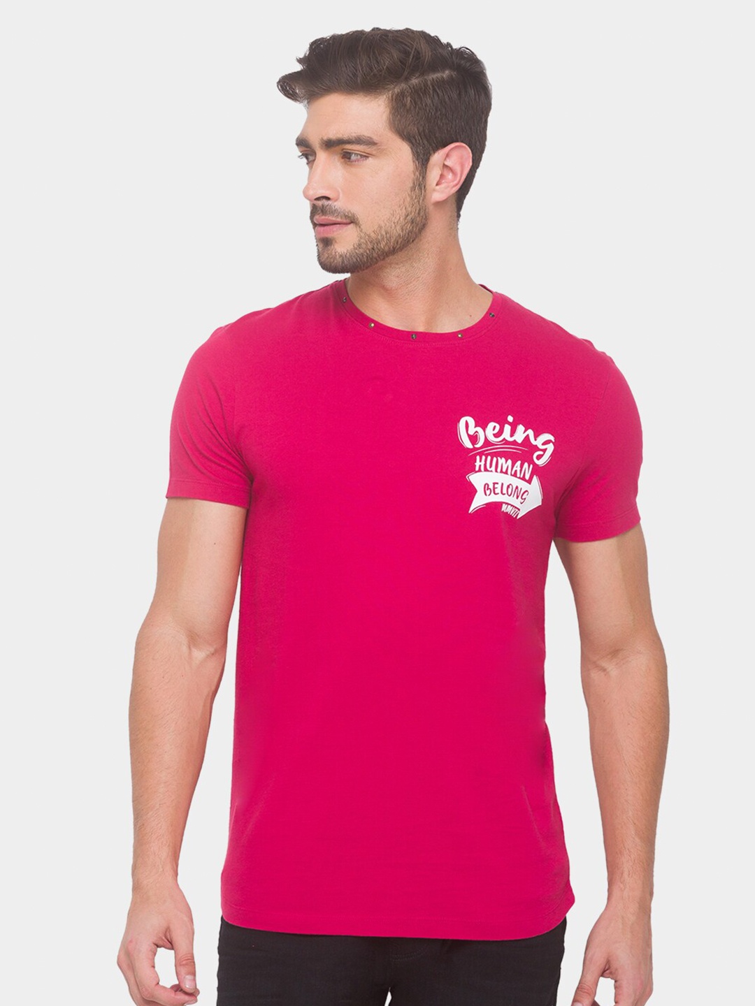 Being Human Men Pink Typography Printed T-shirt