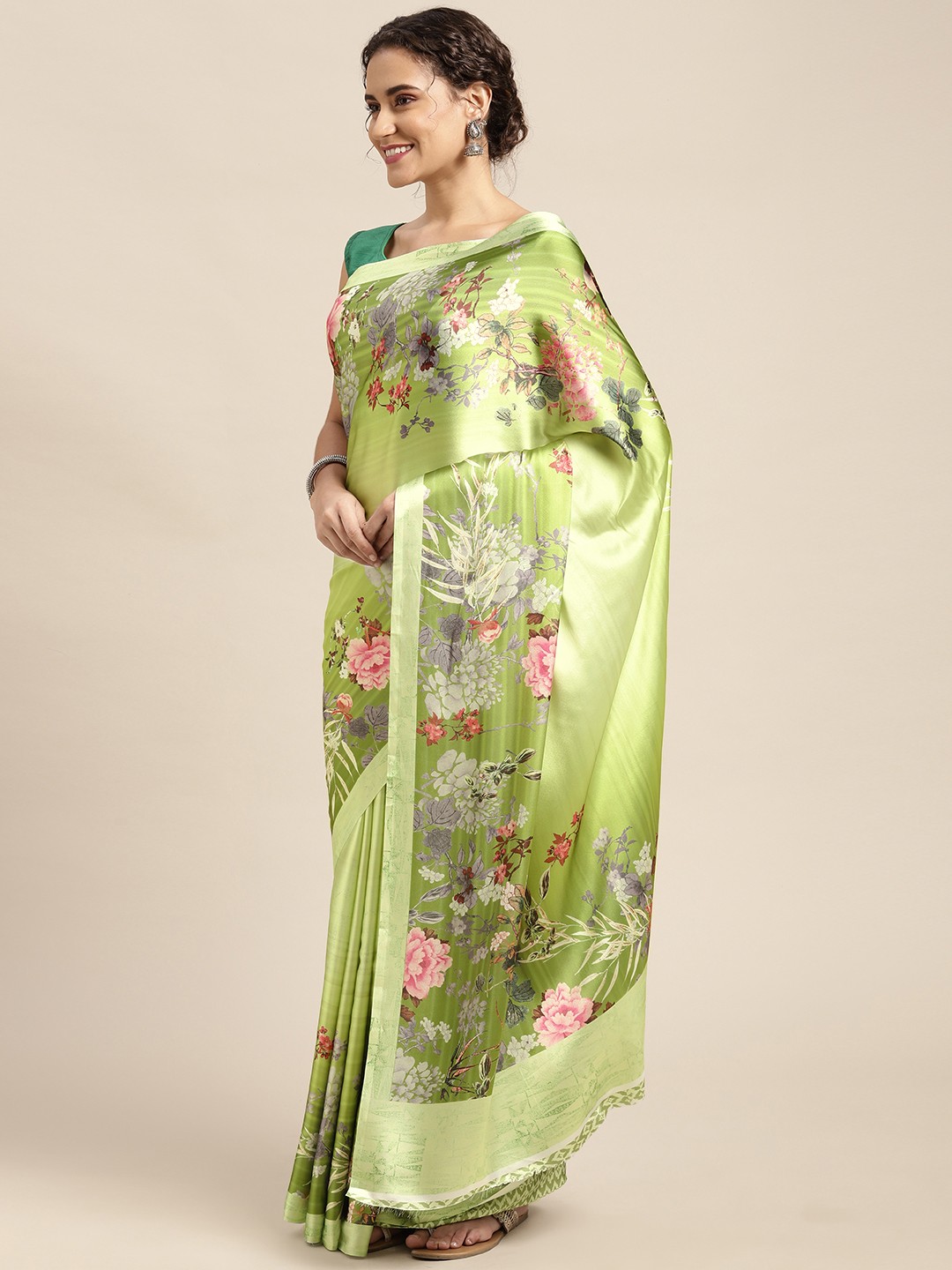 

Mitera Lime Green & Pink Floral Print Satin Celebrity Saree