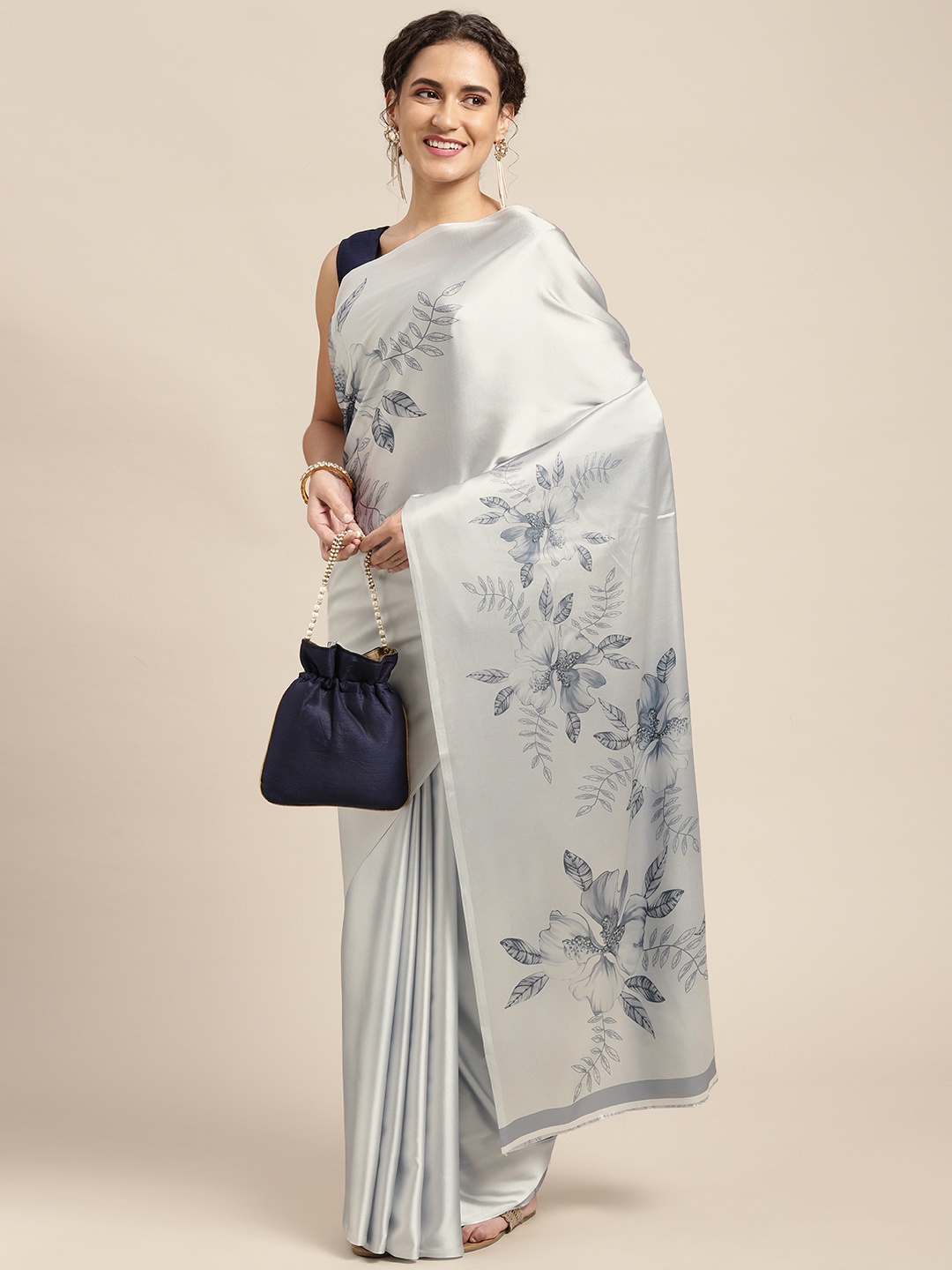 

Mitera Charcoal & Navy Blue Floral Print Satin Celebrity Saree