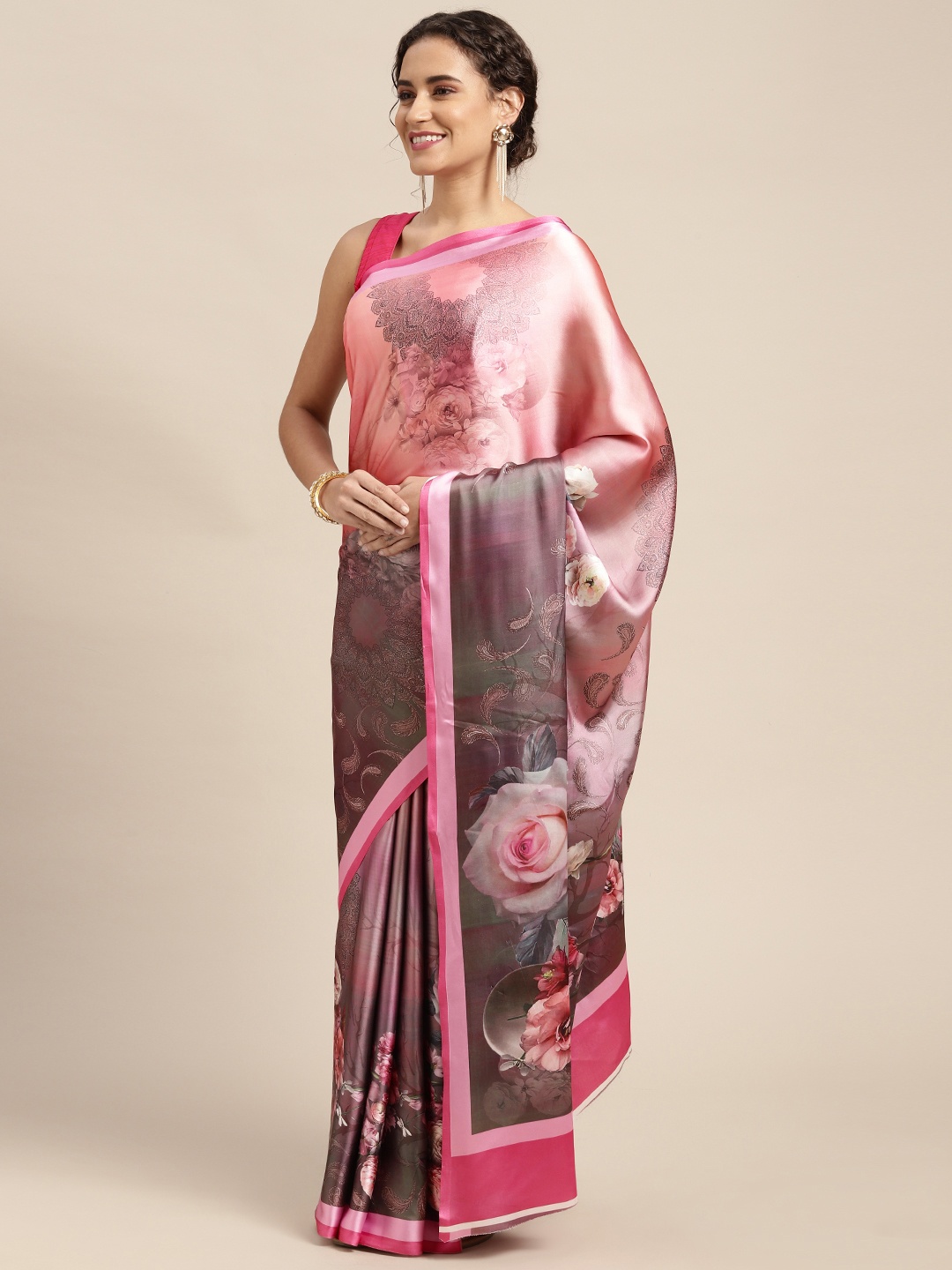 

Mitera Pink & Grey Floral Print Satin Celebrity Saree