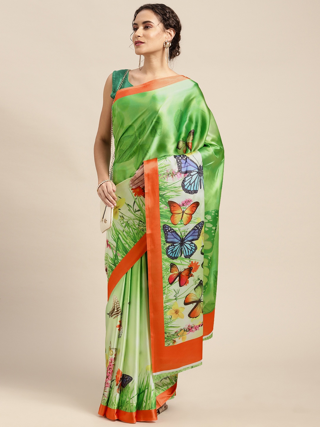 

Mitera Green & Orange Floral Print Satin Celebrity Saree