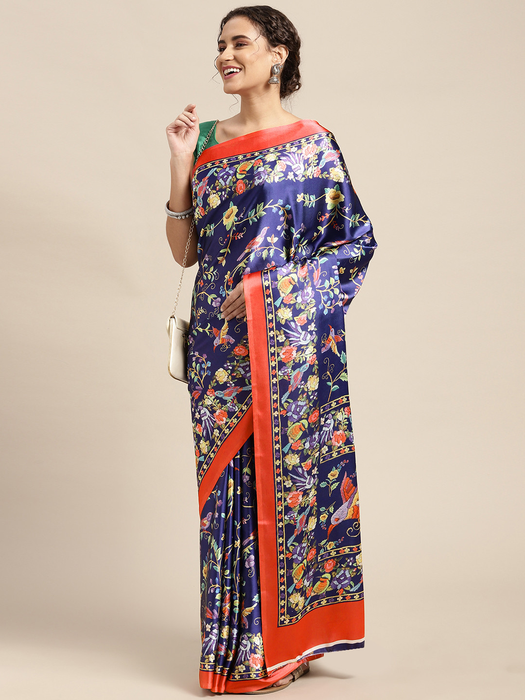 

Mitera Blue & Yellow Floral Print Satin Celebrity Saree