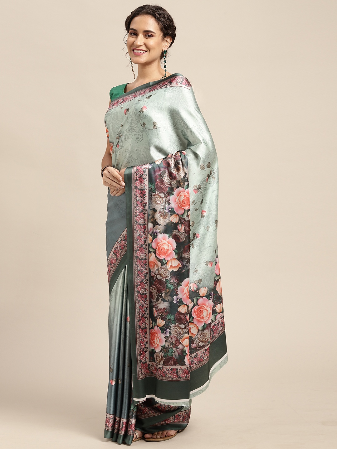 

Mitera Lime Green & Peach-Coloured Floral Print Satin Celebrity Saree