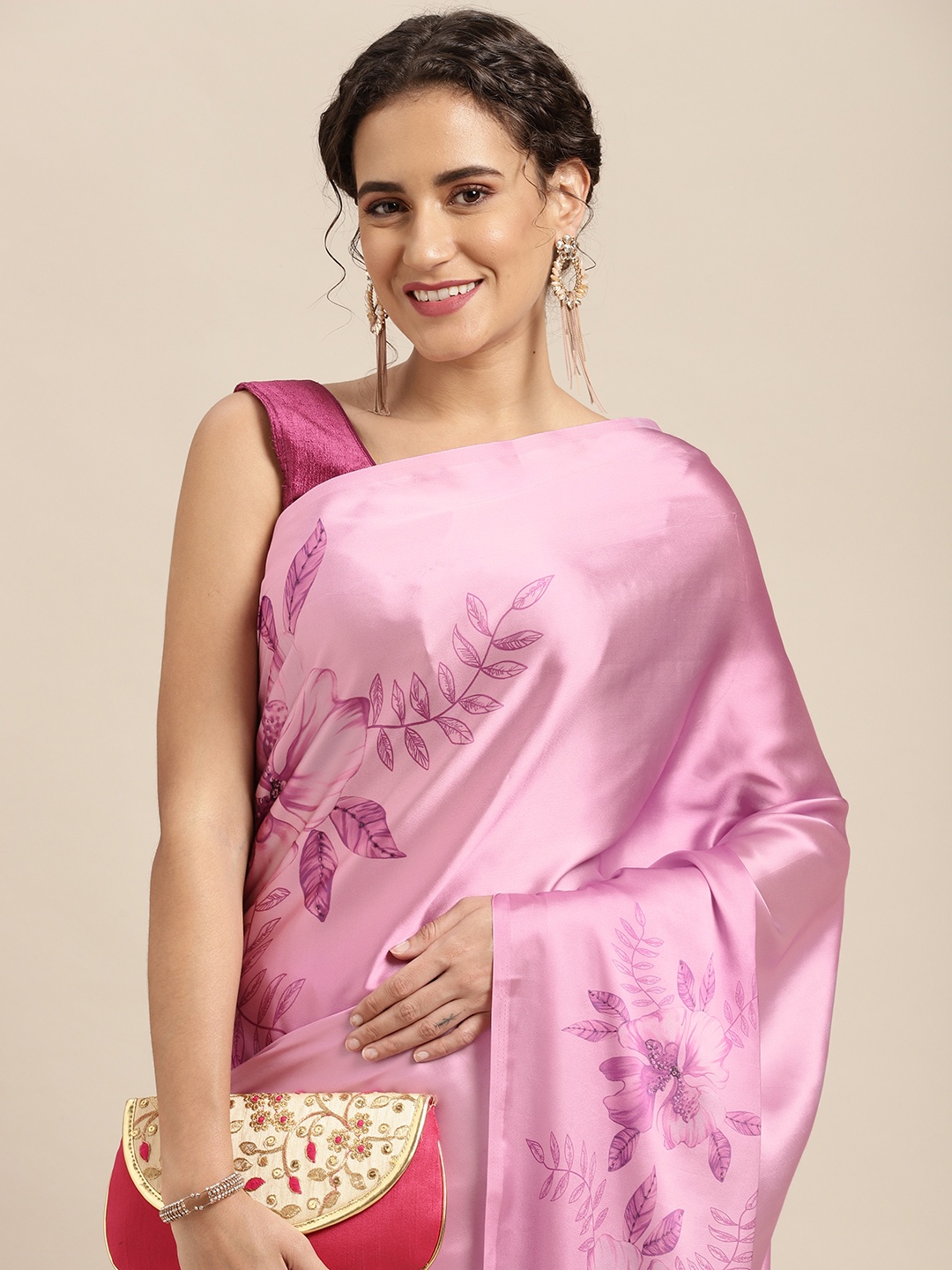 

Mitera Pink Floral Satin Block Print Saree