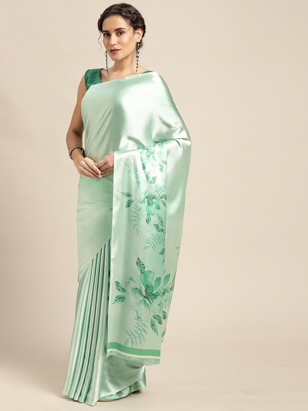 

Mitera Green Floral Print Satin Celebrity Saree