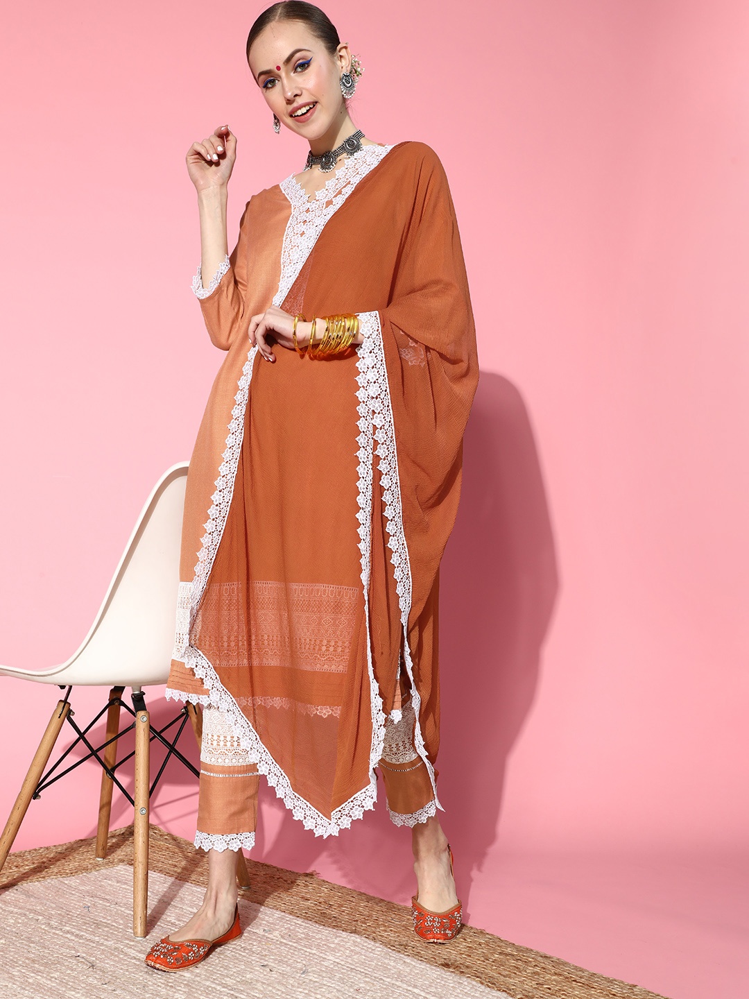 

Sangria Women Rust Ethnic Motifs Layered Thread Work Kurta with Trousers & With Dupatta