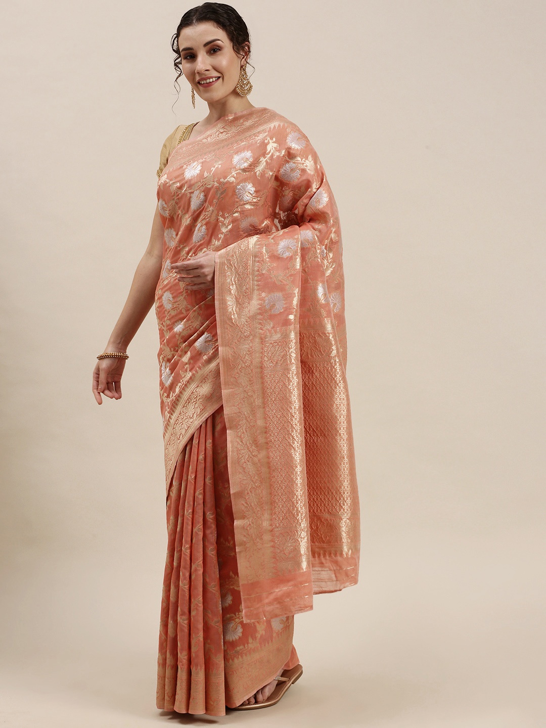 

SANGAM PRINTS Coral Pink & Silver Ethnic Motifs Linen Blend Saree