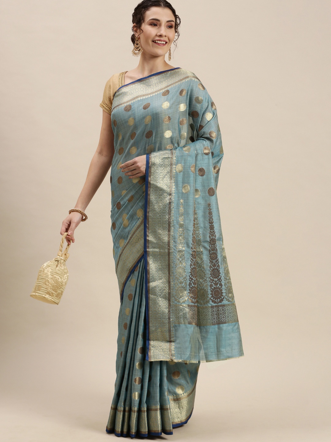 

SANGAM PRINTS Blue & Golden Ethnic Motifs Saree
