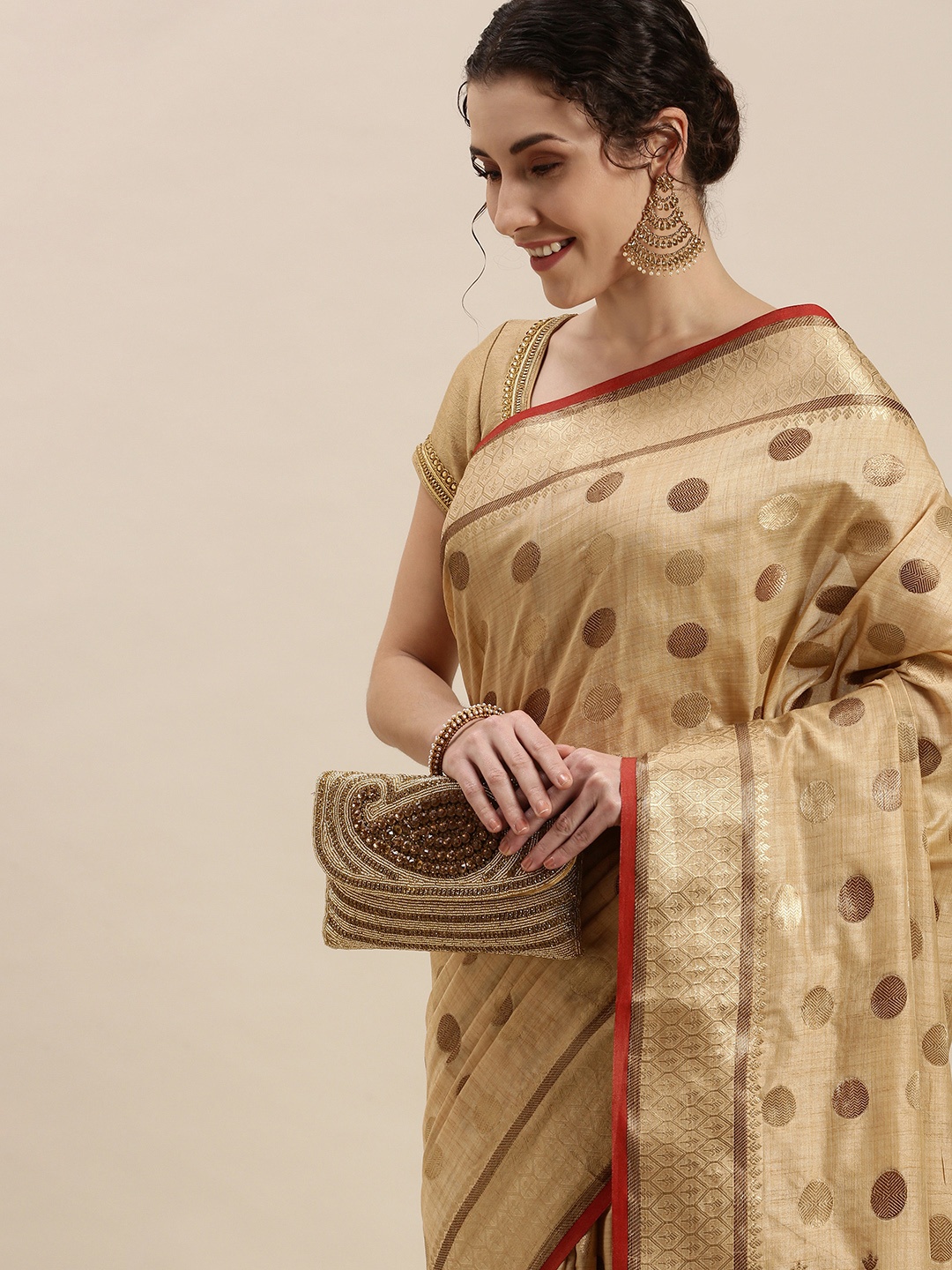 

SANGAM PRINTS Beige & Brown Polka Dot Woven Design Saree
