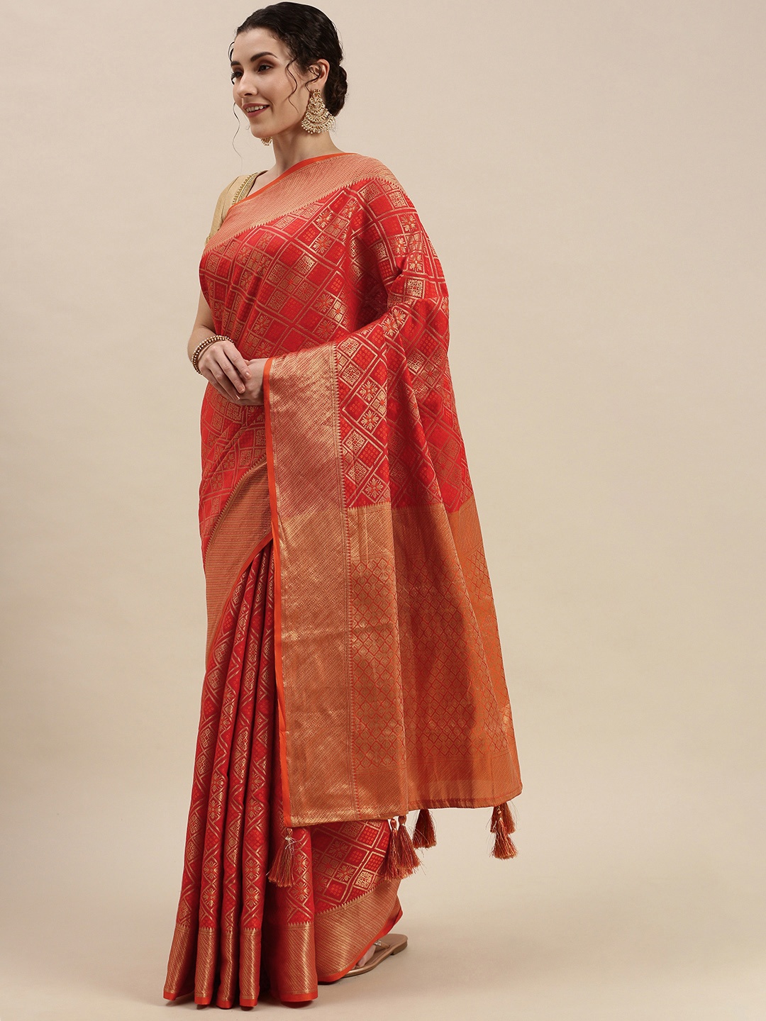 

SANGAM PRINTS Red & Golden Woven Design Patola Saree