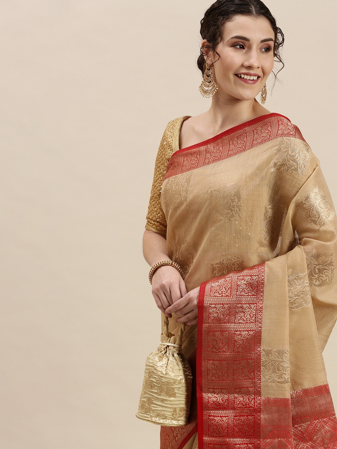 

SANGAM PRINTS Beige & Golden Woven Design Saree