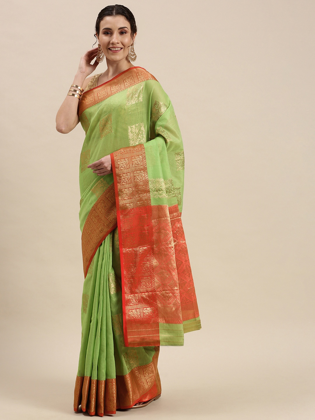 

SANGAM PRINTS Green & Golden Woven Design Saree