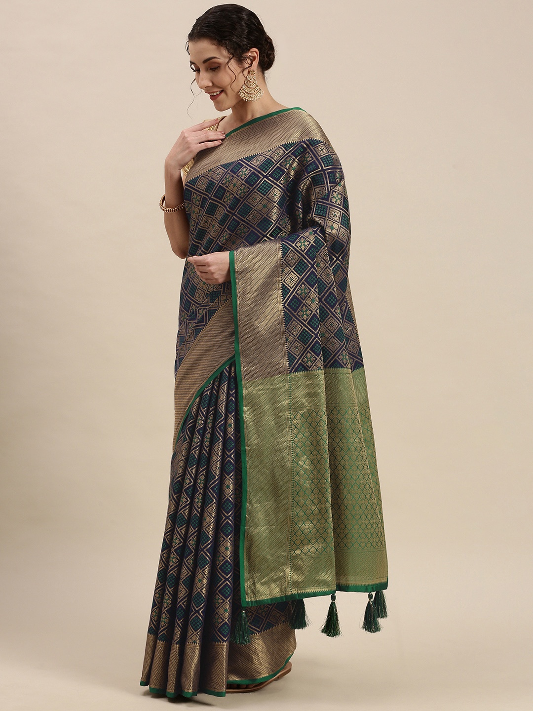 

SANGAM PRINTS Navy Blue & Golden Woven Design Patola Saree