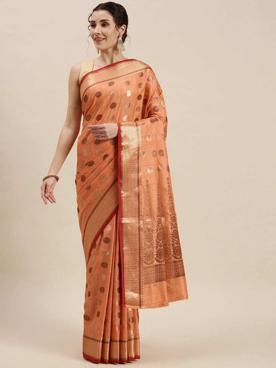 

SANGAM PRINTS Peach-Coloured & Golden Woven Design Saree