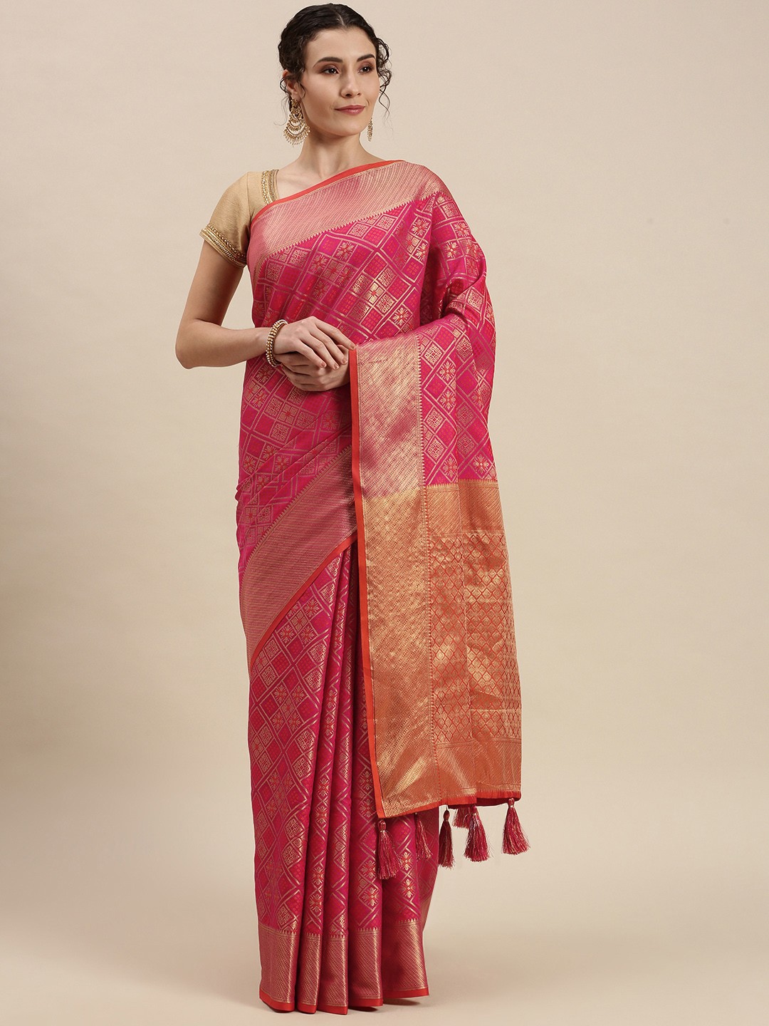 

SANGAM PRINTS Pink & Golden Woven Design Patola Saree
