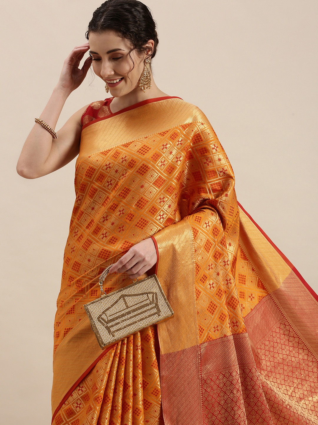 

SANGAM PRINTS Mustard Yellow & Orange Woven Design Saree