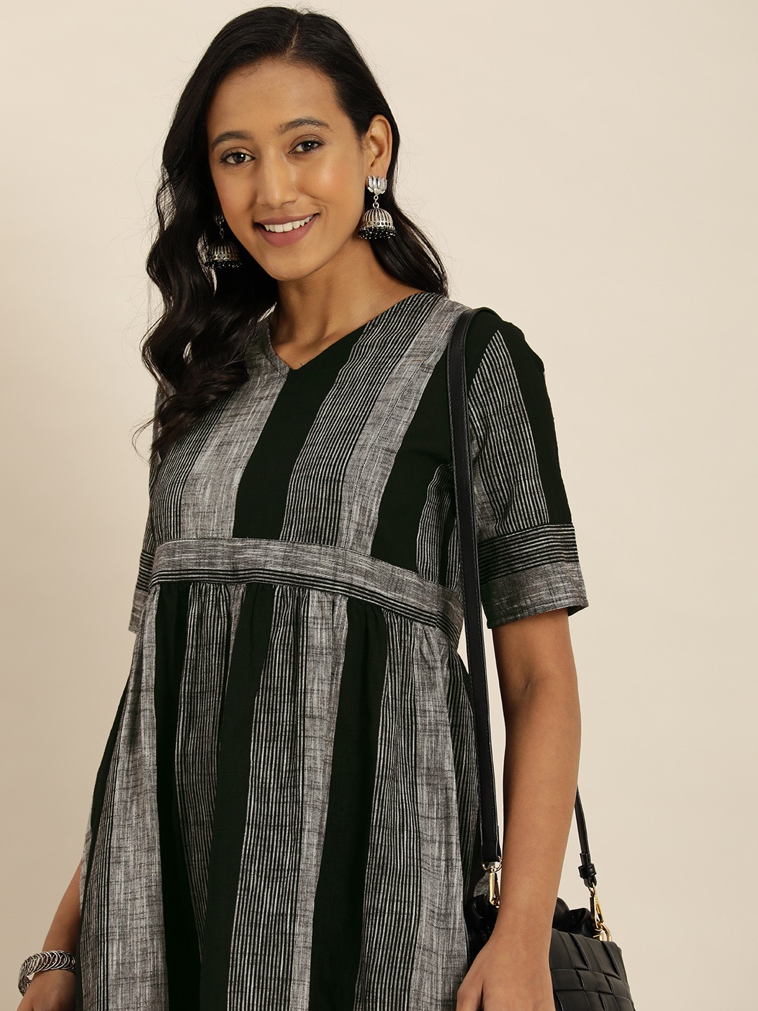 

Taavi Black & Grey Striped Woven Legacy Fit And Flare Maxi Dress