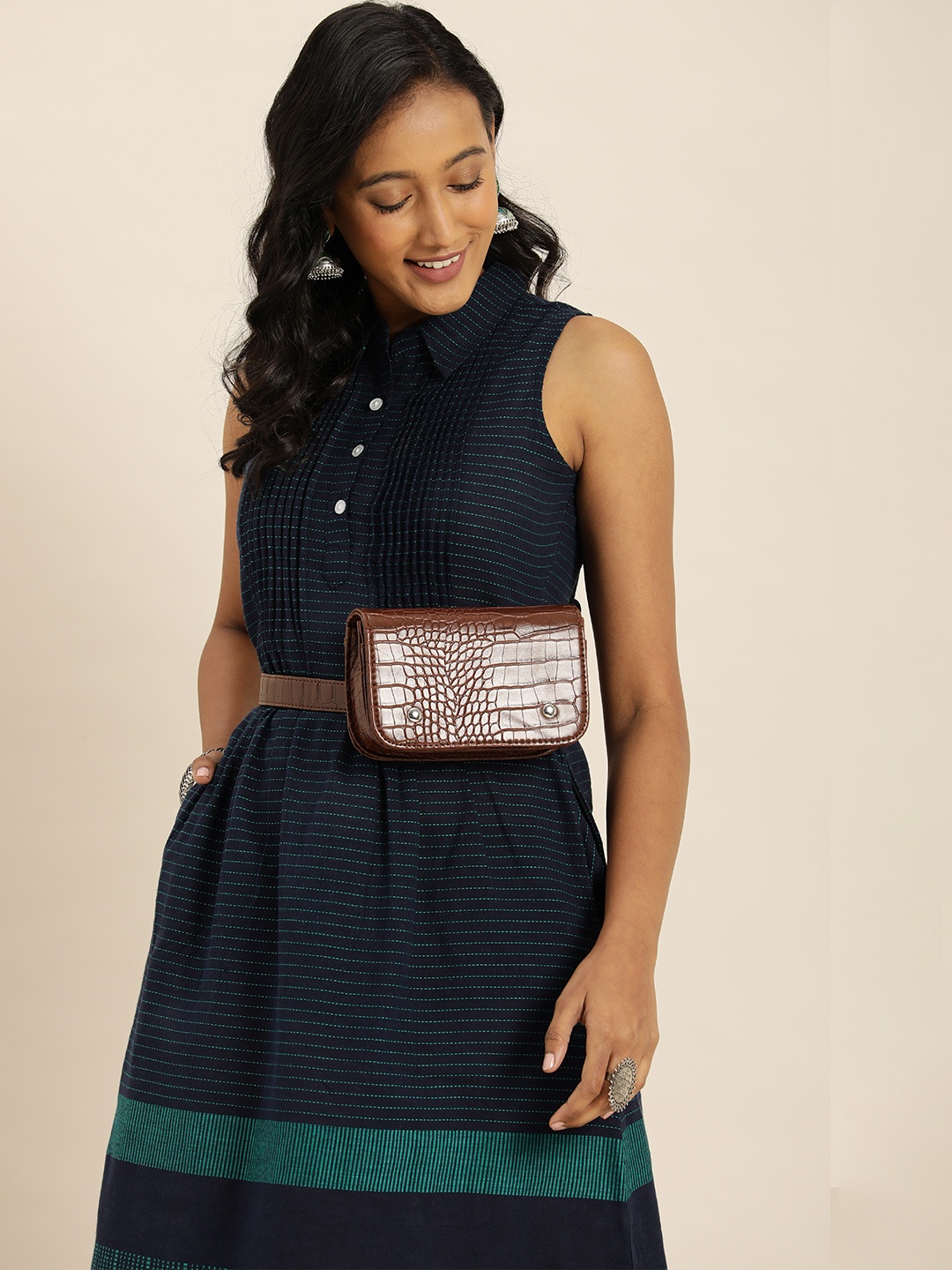 

Taavi Navy Blue & Teal Woven Legacy Colourblock & Striped Fit And Flare Dress