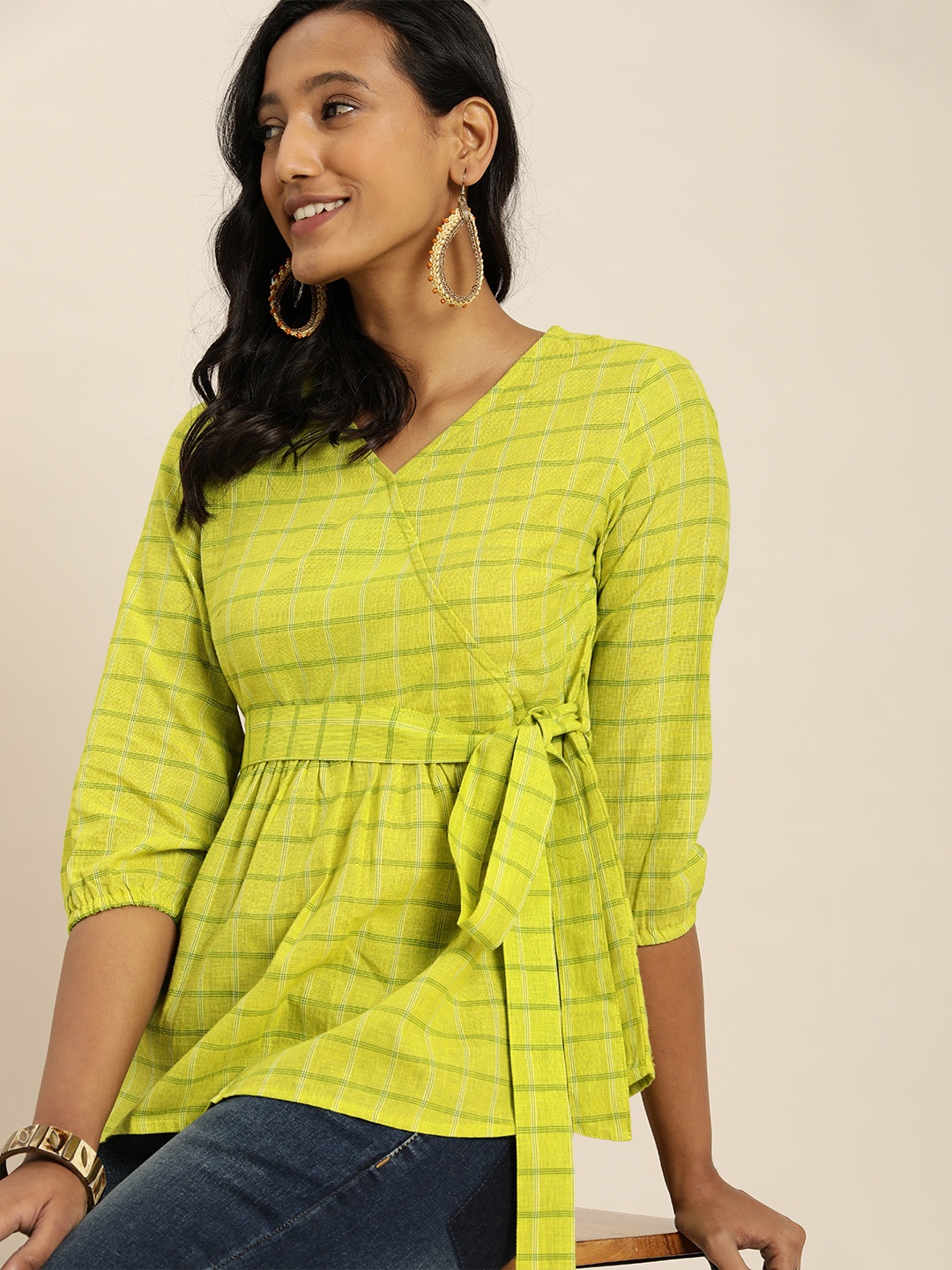 

Taavi Woven Legacy Checked V-Neck Wrap Top, Lime green