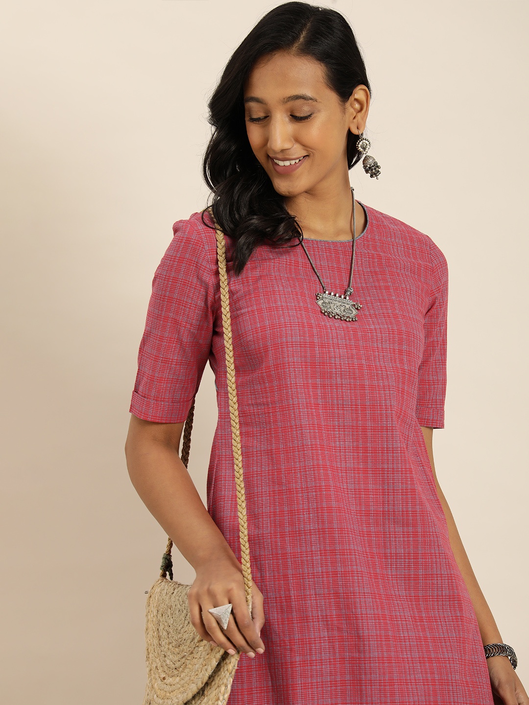 

Taavi Women Rose & Blue Ikat Back Cut Out Woven Casual Kurta